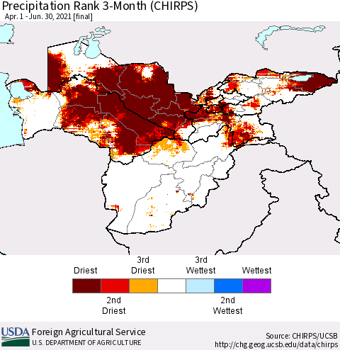 Central Asia Precipitation Rank since 1981, 3-Month (CHIRPS) Thematic Map For 4/1/2021 - 6/30/2021
