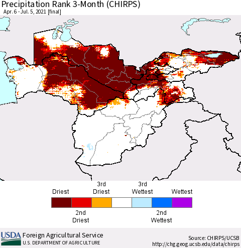 Central Asia Precipitation Rank since 1981, 3-Month (CHIRPS) Thematic Map For 4/6/2021 - 7/5/2021
