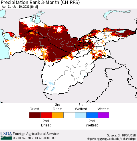 Central Asia Precipitation Rank since 1981, 3-Month (CHIRPS) Thematic Map For 4/11/2021 - 7/10/2021