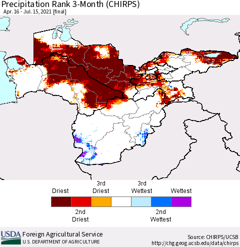 Central Asia Precipitation Rank since 1981, 3-Month (CHIRPS) Thematic Map For 4/16/2021 - 7/15/2021