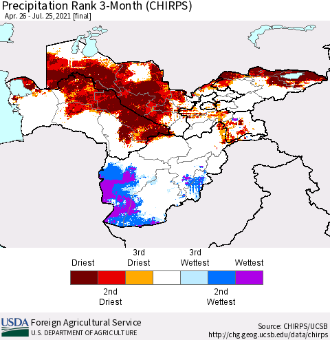 Central Asia Precipitation Rank since 1981, 3-Month (CHIRPS) Thematic Map For 4/26/2021 - 7/25/2021
