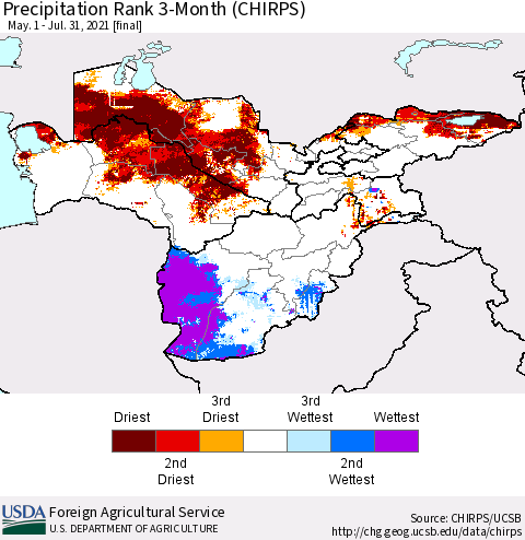 Central Asia Precipitation Rank since 1981, 3-Month (CHIRPS) Thematic Map For 5/1/2021 - 7/31/2021