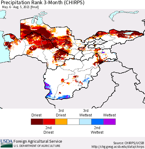 Central Asia Precipitation Rank since 1981, 3-Month (CHIRPS) Thematic Map For 5/6/2021 - 8/5/2021