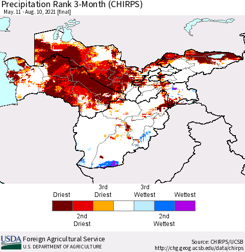 Central Asia Precipitation Rank since 1981, 3-Month (CHIRPS) Thematic Map For 5/11/2021 - 8/10/2021