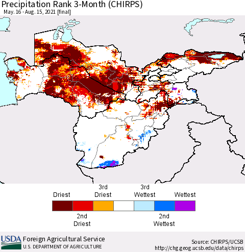 Central Asia Precipitation Rank since 1981, 3-Month (CHIRPS) Thematic Map For 5/16/2021 - 8/15/2021