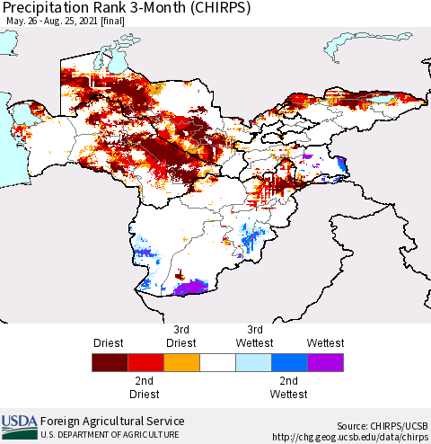 Central Asia Precipitation Rank since 1981, 3-Month (CHIRPS) Thematic Map For 5/26/2021 - 8/25/2021