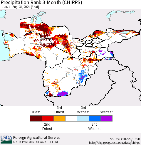 Central Asia Precipitation Rank since 1981, 3-Month (CHIRPS) Thematic Map For 6/1/2021 - 8/31/2021