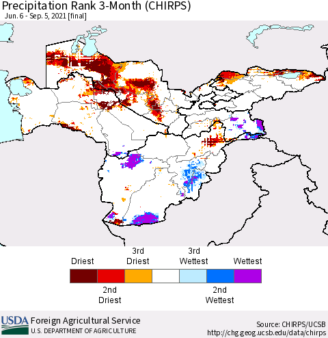 Central Asia Precipitation Rank since 1981, 3-Month (CHIRPS) Thematic Map For 6/6/2021 - 9/5/2021