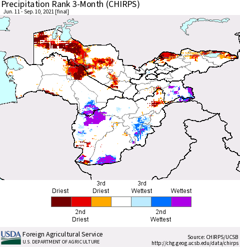Central Asia Precipitation Rank since 1981, 3-Month (CHIRPS) Thematic Map For 6/11/2021 - 9/10/2021