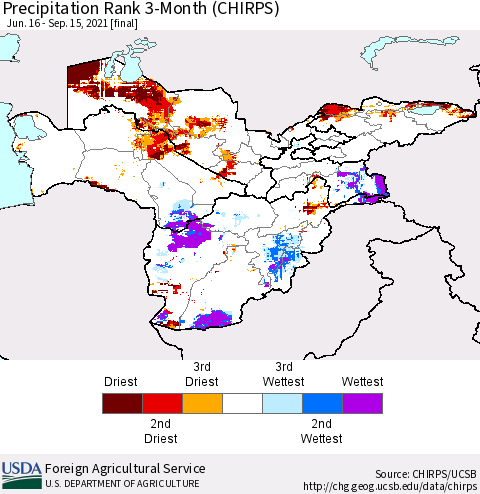 Central Asia Precipitation Rank since 1981, 3-Month (CHIRPS) Thematic Map For 6/16/2021 - 9/15/2021