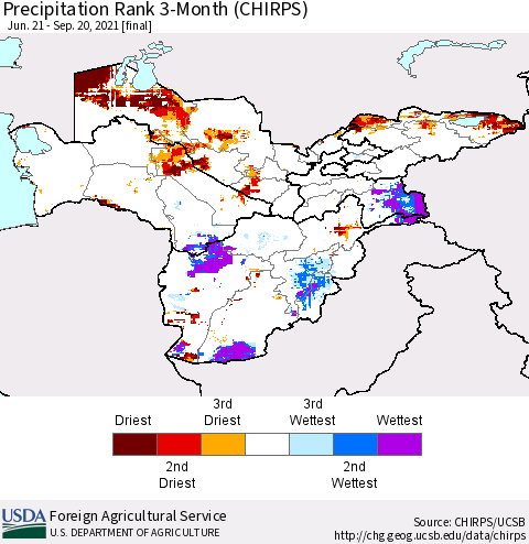 Central Asia Precipitation Rank since 1981, 3-Month (CHIRPS) Thematic Map For 6/21/2021 - 9/20/2021
