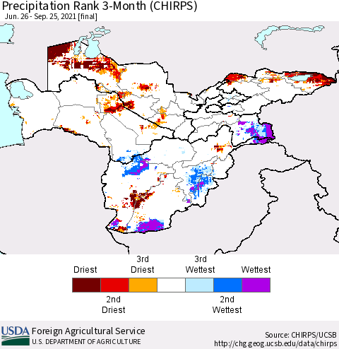 Central Asia Precipitation Rank since 1981, 3-Month (CHIRPS) Thematic Map For 6/26/2021 - 9/25/2021