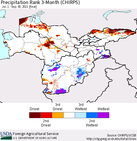Central Asia Precipitation Rank since 1981, 3-Month (CHIRPS) Thematic Map For 7/1/2021 - 9/30/2021