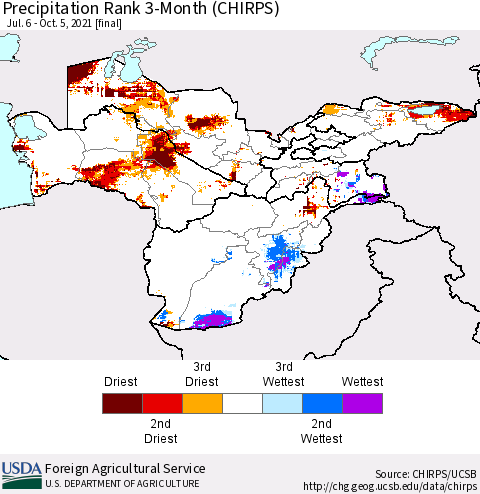 Central Asia Precipitation Rank since 1981, 3-Month (CHIRPS) Thematic Map For 7/6/2021 - 10/5/2021