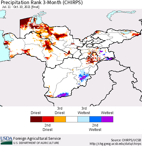 Central Asia Precipitation Rank since 1981, 3-Month (CHIRPS) Thematic Map For 7/11/2021 - 10/10/2021