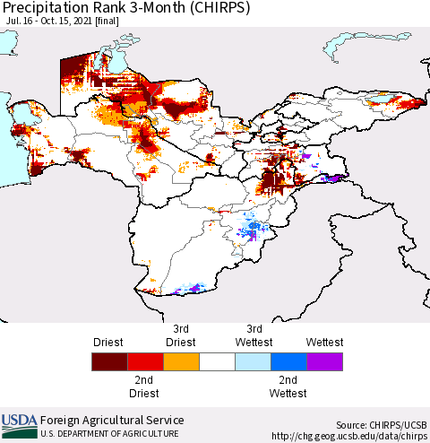 Central Asia Precipitation Rank since 1981, 3-Month (CHIRPS) Thematic Map For 7/16/2021 - 10/15/2021