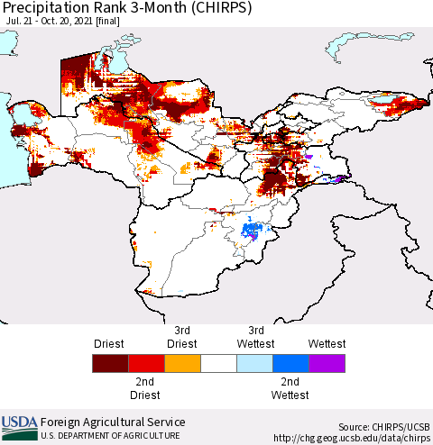 Central Asia Precipitation Rank since 1981, 3-Month (CHIRPS) Thematic Map For 7/21/2021 - 10/20/2021