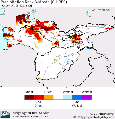 Central Asia Precipitation Rank since 1981, 3-Month (CHIRPS) Thematic Map For 7/26/2021 - 10/25/2021