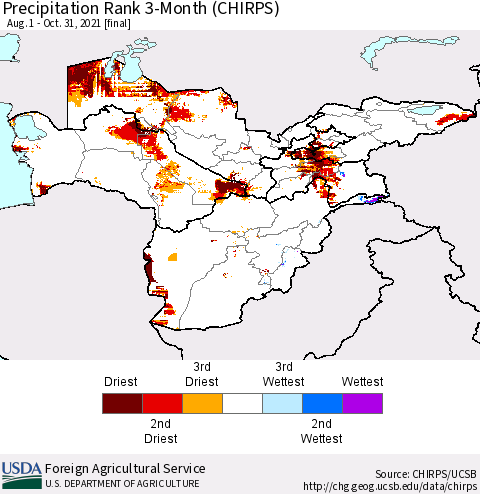 Central Asia Precipitation Rank since 1981, 3-Month (CHIRPS) Thematic Map For 8/1/2021 - 10/31/2021