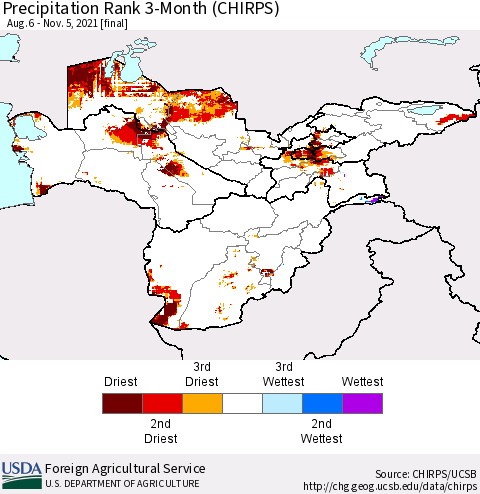 Central Asia Precipitation Rank since 1981, 3-Month (CHIRPS) Thematic Map For 8/6/2021 - 11/5/2021