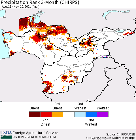 Central Asia Precipitation Rank since 1981, 3-Month (CHIRPS) Thematic Map For 8/11/2021 - 11/10/2021