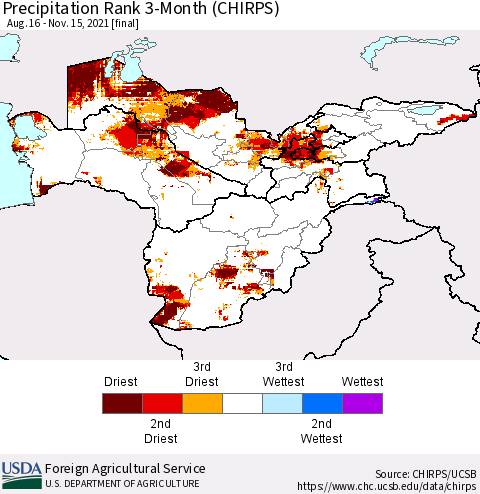 Central Asia Precipitation Rank since 1981, 3-Month (CHIRPS) Thematic Map For 8/16/2021 - 11/15/2021