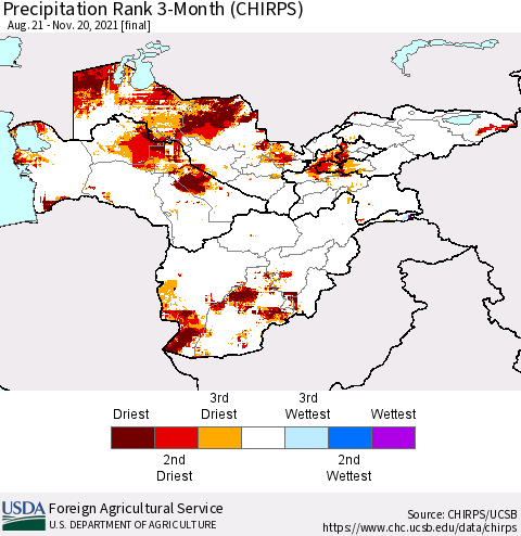 Central Asia Precipitation Rank since 1981, 3-Month (CHIRPS) Thematic Map For 8/21/2021 - 11/20/2021