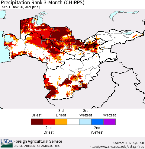 Central Asia Precipitation Rank since 1981, 3-Month (CHIRPS) Thematic Map For 9/1/2021 - 11/30/2021
