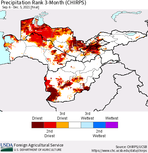 Central Asia Precipitation Rank since 1981, 3-Month (CHIRPS) Thematic Map For 9/6/2021 - 12/5/2021