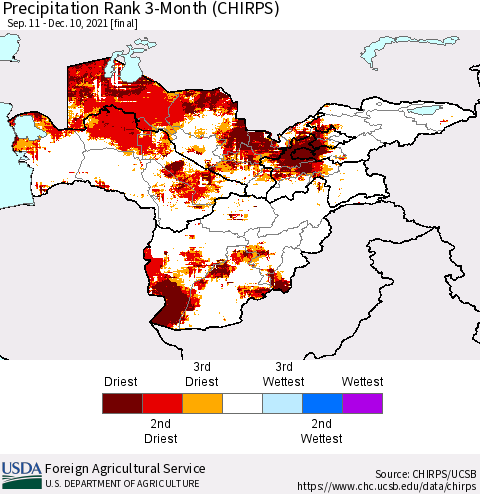 Central Asia Precipitation Rank since 1981, 3-Month (CHIRPS) Thematic Map For 9/11/2021 - 12/10/2021
