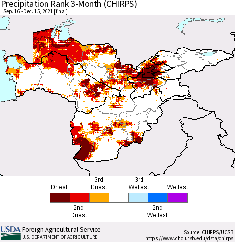 Central Asia Precipitation Rank since 1981, 3-Month (CHIRPS) Thematic Map For 9/16/2021 - 12/15/2021