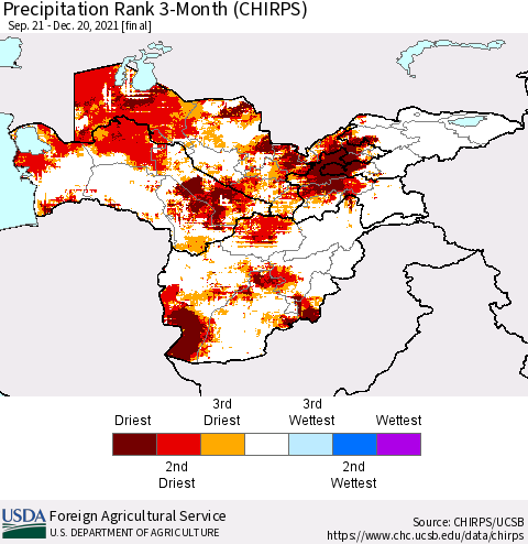 Central Asia Precipitation Rank since 1981, 3-Month (CHIRPS) Thematic Map For 9/21/2021 - 12/20/2021