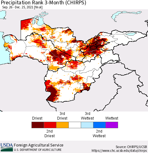 Central Asia Precipitation Rank since 1981, 3-Month (CHIRPS) Thematic Map For 9/26/2021 - 12/25/2021