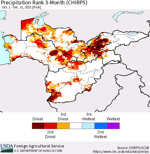 Central Asia Precipitation Rank since 1981, 3-Month (CHIRPS) Thematic Map For 10/1/2021 - 12/31/2021