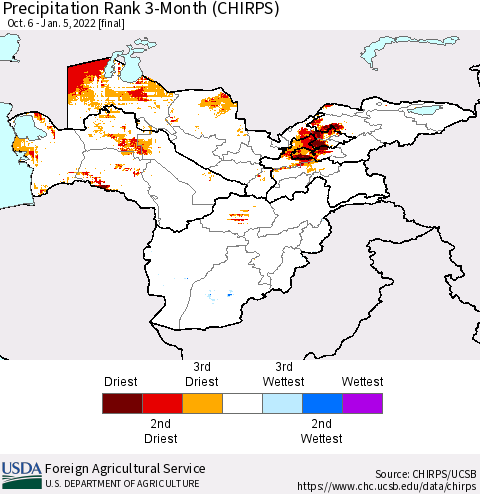 Central Asia Precipitation Rank since 1981, 3-Month (CHIRPS) Thematic Map For 10/6/2021 - 1/5/2022