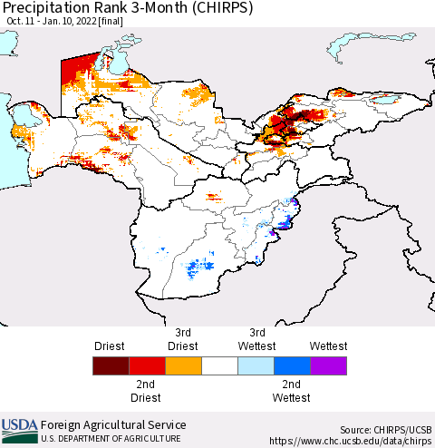 Central Asia Precipitation Rank since 1981, 3-Month (CHIRPS) Thematic Map For 10/11/2021 - 1/10/2022