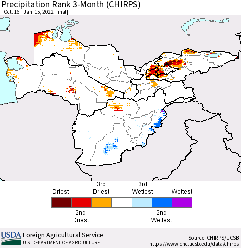 Central Asia Precipitation Rank since 1981, 3-Month (CHIRPS) Thematic Map For 10/16/2021 - 1/15/2022
