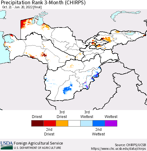Central Asia Precipitation Rank since 1981, 3-Month (CHIRPS) Thematic Map For 10/21/2021 - 1/20/2022