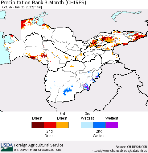 Central Asia Precipitation Rank since 1981, 3-Month (CHIRPS) Thematic Map For 10/26/2021 - 1/25/2022
