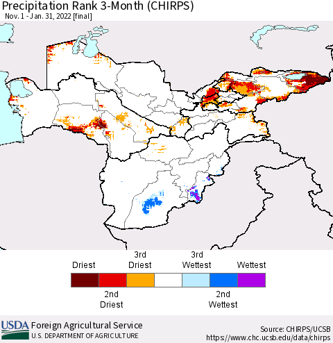 Central Asia Precipitation Rank since 1981, 3-Month (CHIRPS) Thematic Map For 11/1/2021 - 1/31/2022