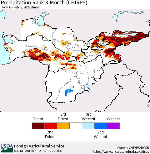 Central Asia Precipitation Rank since 1981, 3-Month (CHIRPS) Thematic Map For 11/6/2021 - 2/5/2022