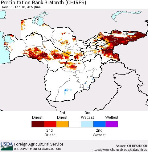 Central Asia Precipitation Rank since 1981, 3-Month (CHIRPS) Thematic Map For 11/11/2021 - 2/10/2022