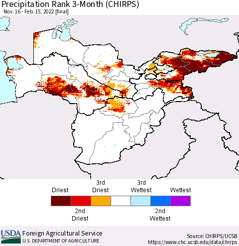 Central Asia Precipitation Rank since 1981, 3-Month (CHIRPS) Thematic Map For 11/16/2021 - 2/15/2022