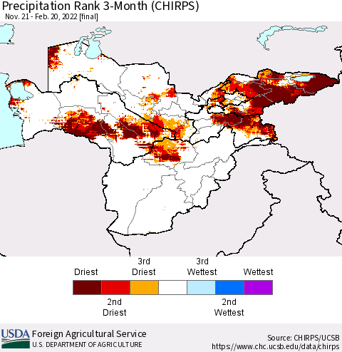 Central Asia Precipitation Rank since 1981, 3-Month (CHIRPS) Thematic Map For 11/21/2021 - 2/20/2022