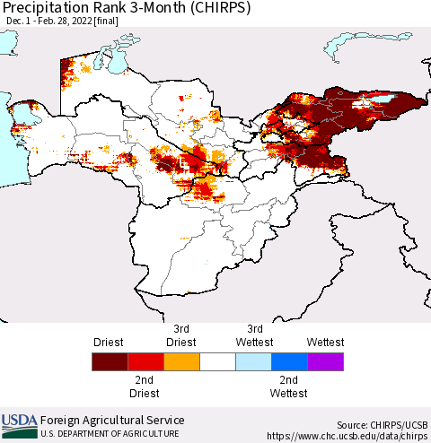 Central Asia Precipitation Rank since 1981, 3-Month (CHIRPS) Thematic Map For 12/1/2021 - 2/28/2022