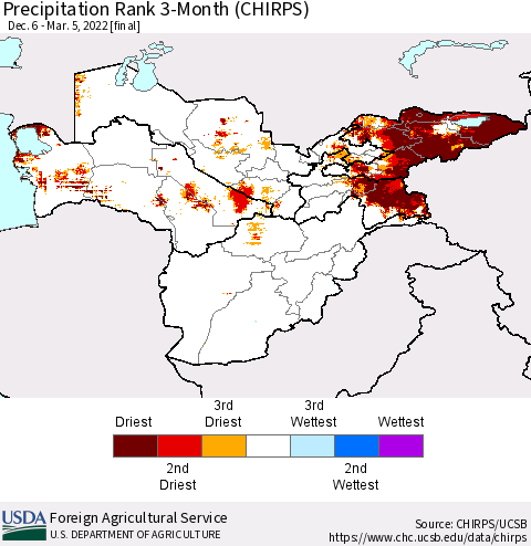 Central Asia Precipitation Rank since 1981, 3-Month (CHIRPS) Thematic Map For 12/6/2021 - 3/5/2022