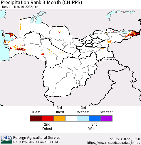 Central Asia Precipitation Rank since 1981, 3-Month (CHIRPS) Thematic Map For 12/11/2021 - 3/10/2022