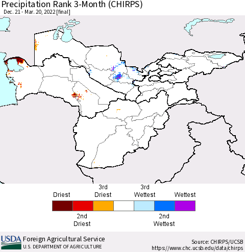Central Asia Precipitation Rank since 1981, 3-Month (CHIRPS) Thematic Map For 12/21/2021 - 3/20/2022
