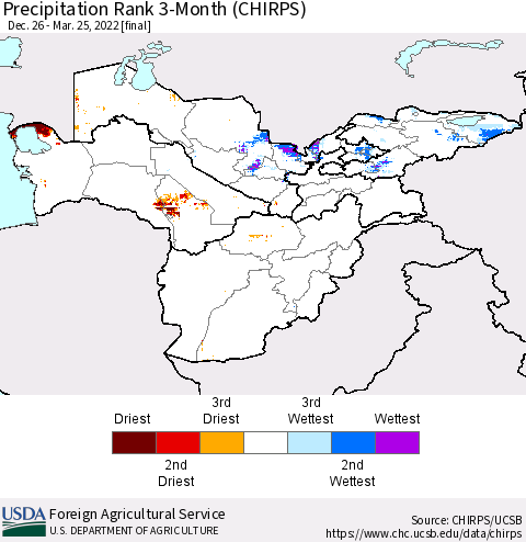 Central Asia Precipitation Rank since 1981, 3-Month (CHIRPS) Thematic Map For 12/26/2021 - 3/25/2022