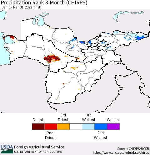 Central Asia Precipitation Rank since 1981, 3-Month (CHIRPS) Thematic Map For 1/1/2022 - 3/31/2022